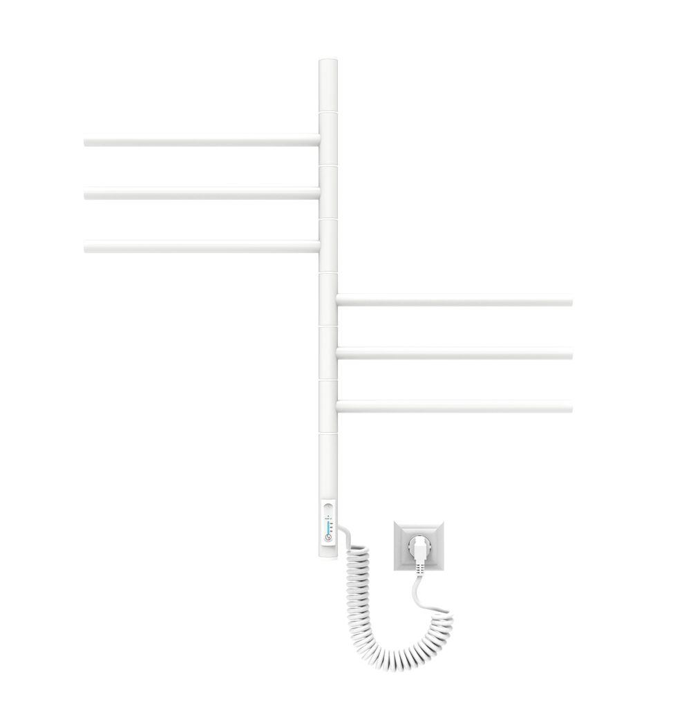 A white electric towel dryer with six foldable arms, a digital display, and a coiled power cord plugged into a wall socket.