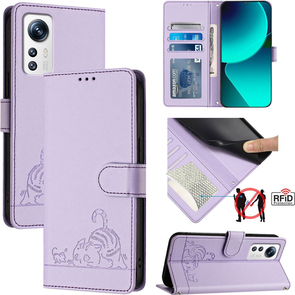 Leder Hülle für Xiaomi 12/Xiaomi 12X/Xiaomi 12S Süße Katze Flip Case Brieftasche Schutzhülle mit Standfunktion Lila