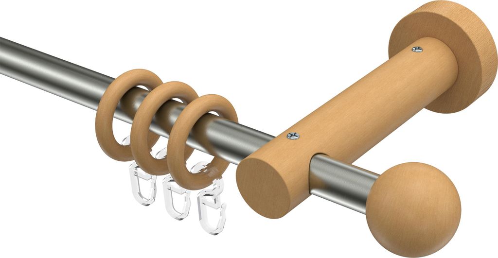 Interdeco Gardinenstange / Vorhangstange Edelstahl-Optik / Buche lackiert, Typ Adrian Geo (Kugel), 16 mm Ø 1-läufig, 100 cm
