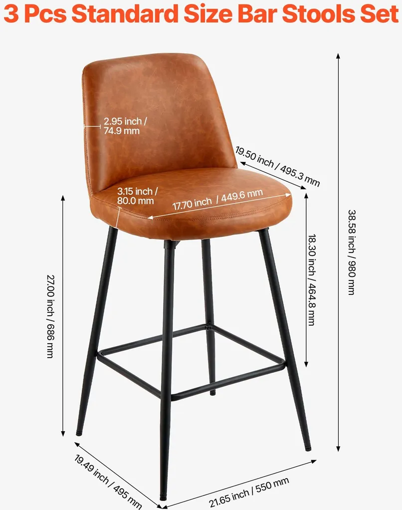 Tabourets de bar avec dossier - Cuir Polyuréthane marron - Set de 3 - Métal - 5