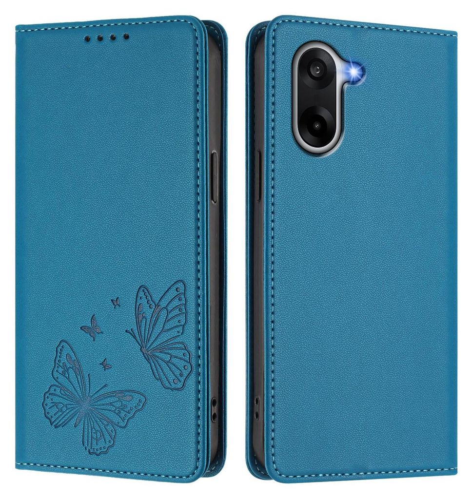 Lederhülle für OnePlus Nord CE5 / Ace 5 Racing, Schmetterling Prägung Leder Brieftasche Schutzhülle mit Ständer Blau