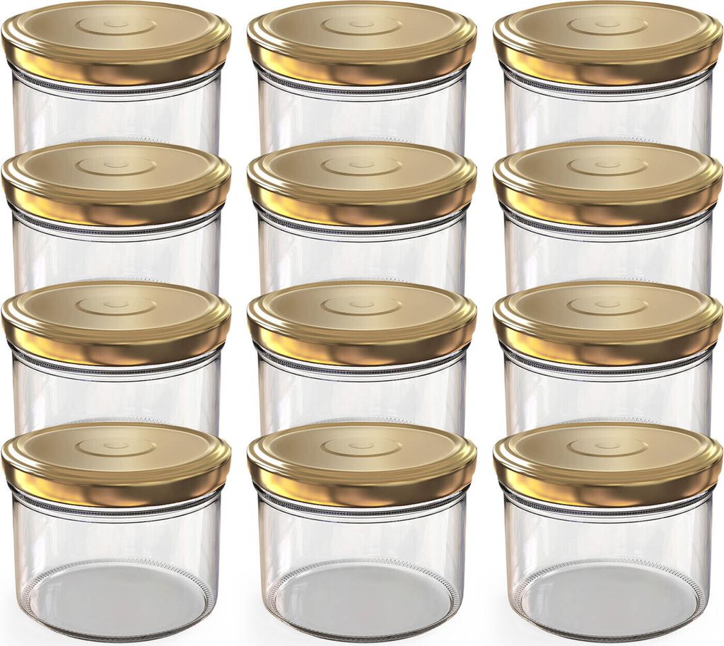 A grid of twelve clear glass jars with gold lids.