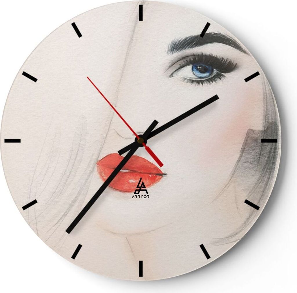 Wanduhr - Rund - Glasuhr - Frau Gesicht Lippen - 30x30cm - Schleichendes Uhrwerk - Lautlos - zum Aufhängen bereit - Dekoration Modern - Wanddekora...
