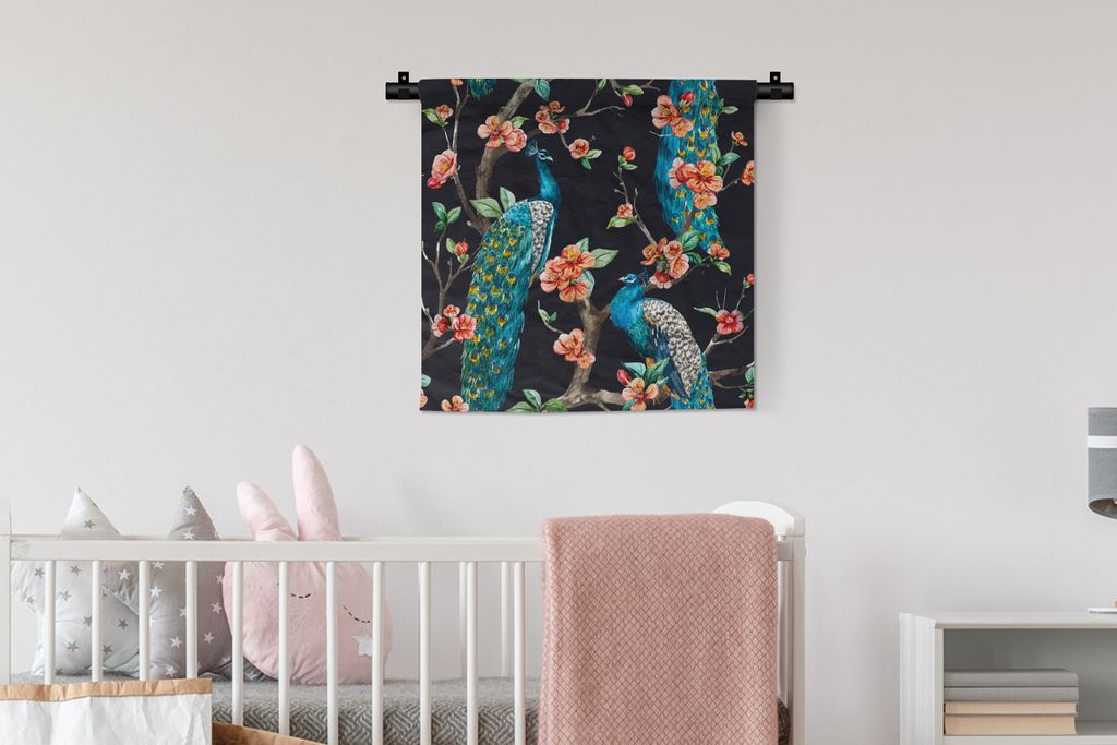 MuchoWow Wandteppich Wandbehang Muster - Pfau - Blüte - Schwarz 60x60 cm Tapisserie Dekoration Wandtuch - Dekorationen - Wand Decke