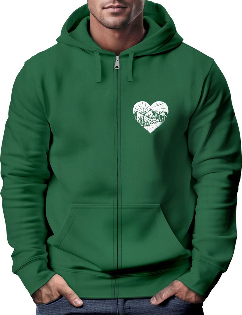 Herren Sweatjacke Wandern Herz Print Aufdruck Motiv Zipjacke mit Kapuze Männer Outdoor Fashion Neverless bottle-green XL