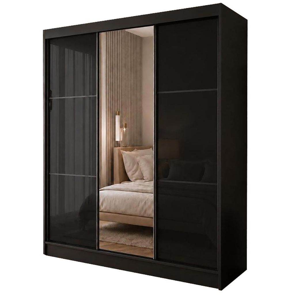 BEAUTYSOFA | Schwebetürenschrank VIVA 180 cm Kleiderschrank Schwarz mit Spiegel, Schubkasteneinsätze, Schiebetürenschrank Schlafzimmer