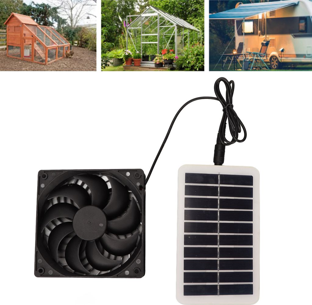 Collage of a chicken coop, a greenhouse, a camper van, and a solar-powered fan with a solar panel.