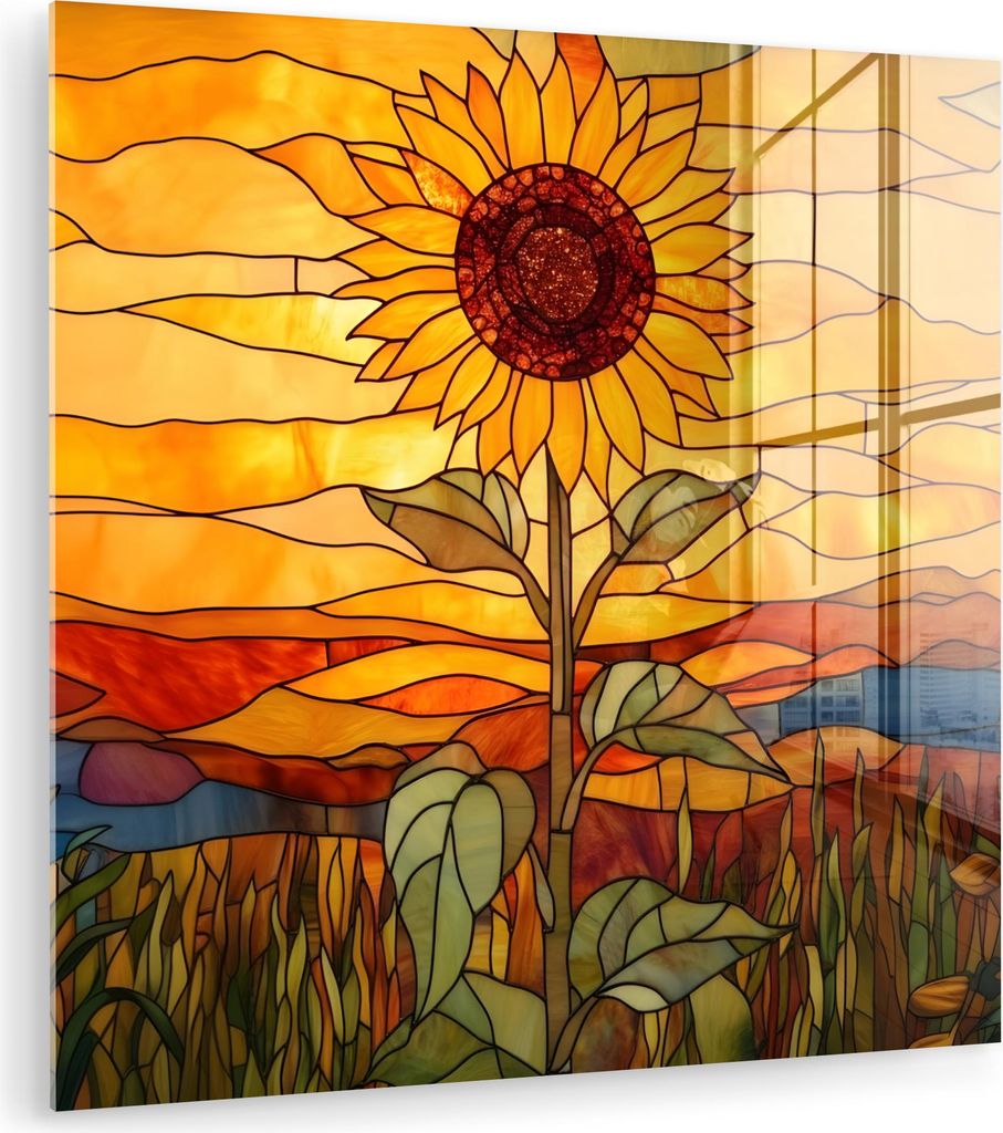 MuchoWow Glasbilder - Bilder auf Wandbild - Foto auf Glas Sonnenblume - Mosaik - Sonnenuntergang - Gelb 90x90 cm Wanddekoration aus Glas - Acrylgla...