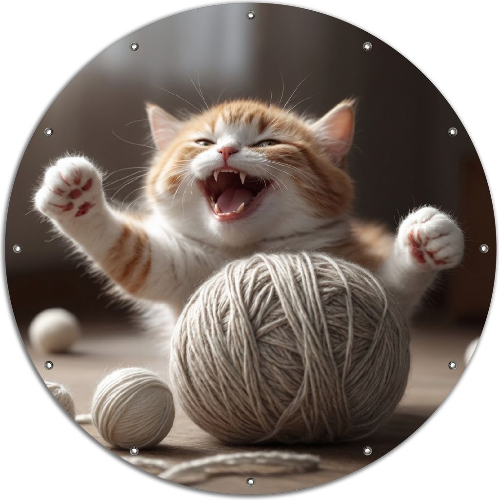 Wallario rundes Outdoor-Poster für Garten oder Balkon, Motiv Katze mit Wollknäuel, 120 cm Durchmesser