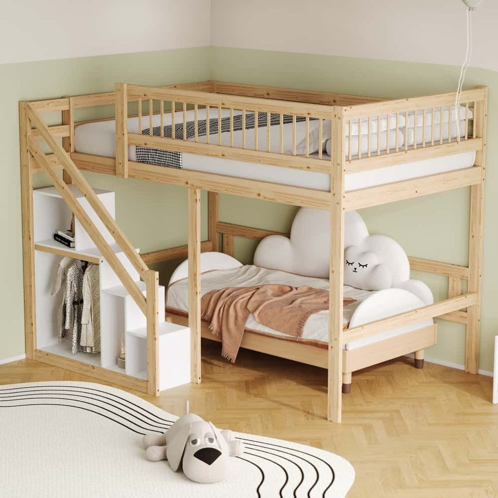 AIORBER Etagenbetten,140x200 cm, mit Aufbewahrungstreppe und Stauschrank, hohes Geländer, Massivholzbett, Massivholzbettgestell, Kinderbett,Holzfarbe