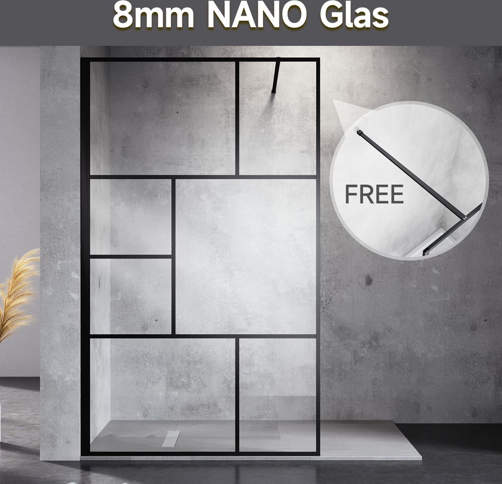 SONNI 120×200cm Walk-In Duschabtrennung 8mm Nano ESG Klarglas Duschtrennwand--Schwarzes Gitter