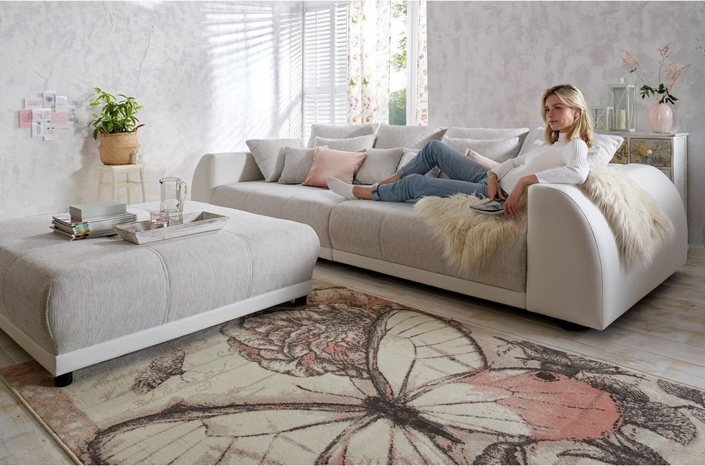 S-STYLE MÖBEL - Horizon - Big Sofa 5 Sitzer Boxspringfederung Lounge Sofa mit vielen losen Kissen aus Weiß und Creme Kunstleder/Strukturstoff