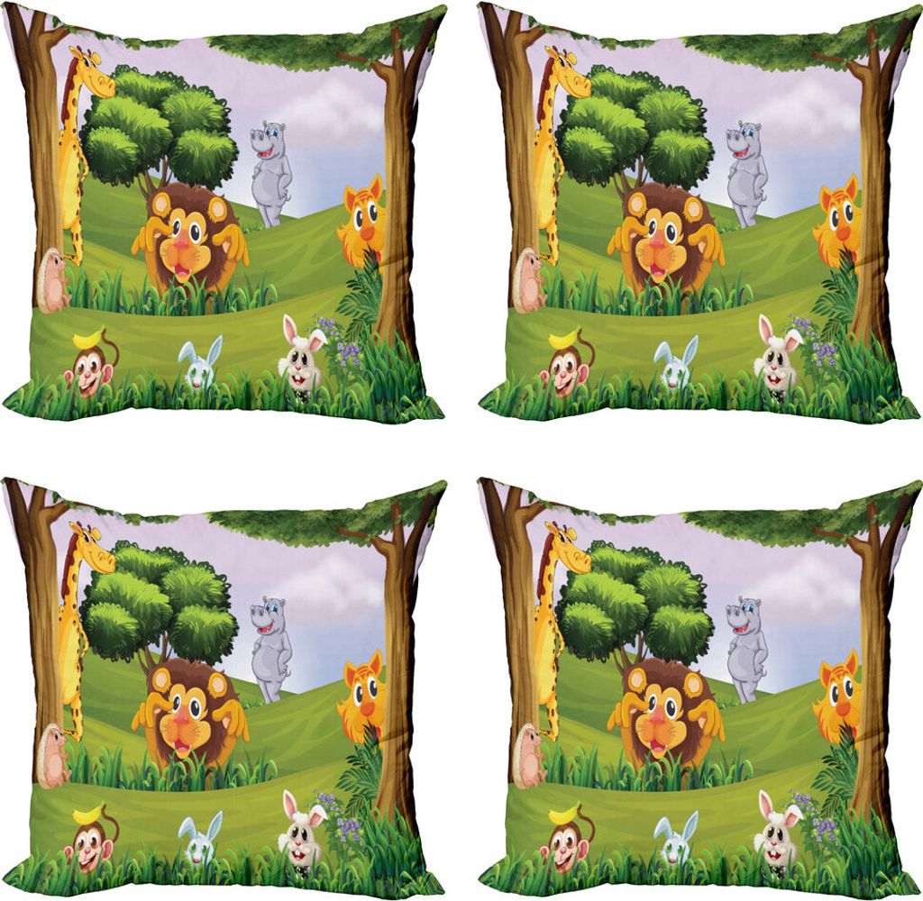 ABAKUHAUS Zoo Kissenbezug Set (4 Stück), Tiere in Wald Safari, Moderner Doppelseitiger Digitaldruck, 45 cm x 45 cm, Mehrfarbig