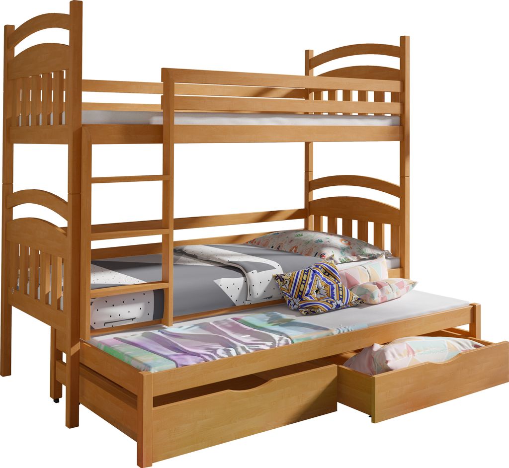 KEF ANTON Etagenbett Kinder Holz Kinderbett für Drei Kinder Leiter Universal ohne Matratze 80x190 cm Erle