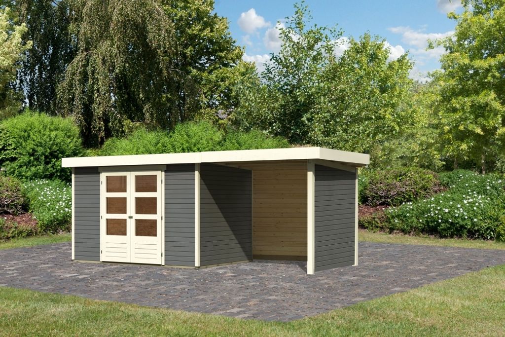 Karibu Gartenhaus Gerätehaus Askola 4 im Set mit Anbaudach 2,40 m Breite und 19 mm Seiten- Rückwand terragrau 522x217x211 cm
