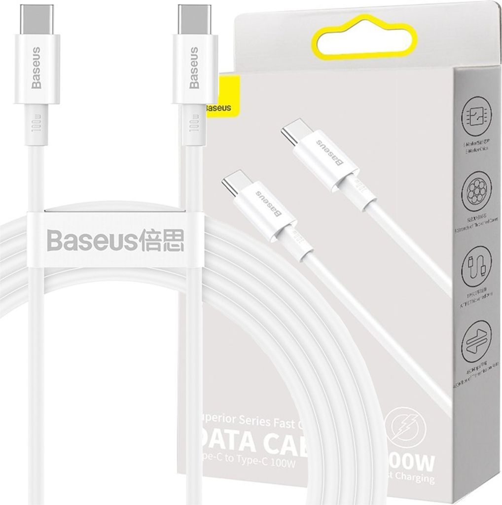 A white USB-C to USB-C cable and its packaging.