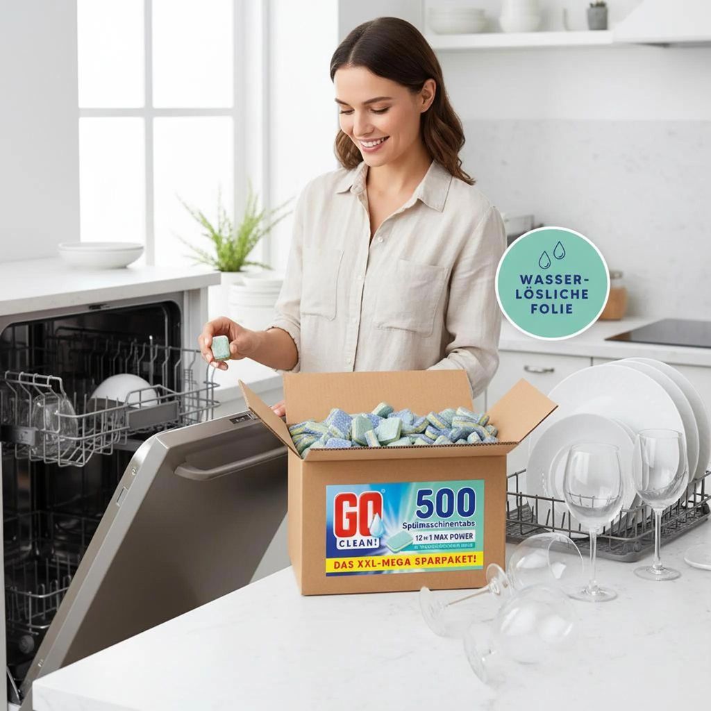 GO clean! 10 kg ca. 500 Stück 12-in-1 Max-Power 20g Spülmaschinentabs in wasserlöslicher Folie