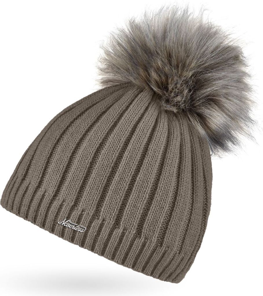 Damen Strick-Mütze gefüttert Fell-Bommel Kunstfell Bommelmütze Fleece-Innenfutter Neverless dunkelbeige