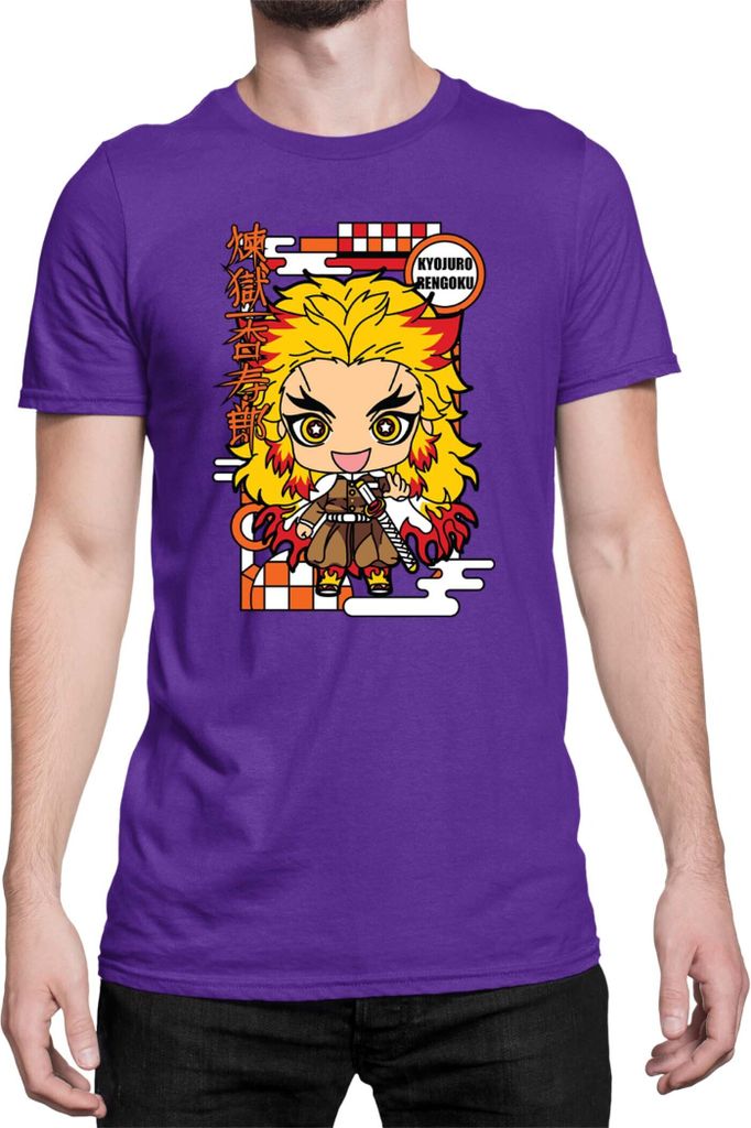 Herren T-Shirt Demon Anime Slayer Kimetsu No Yaiba Chibi Kyojuro Rengoku, Man M / Lila