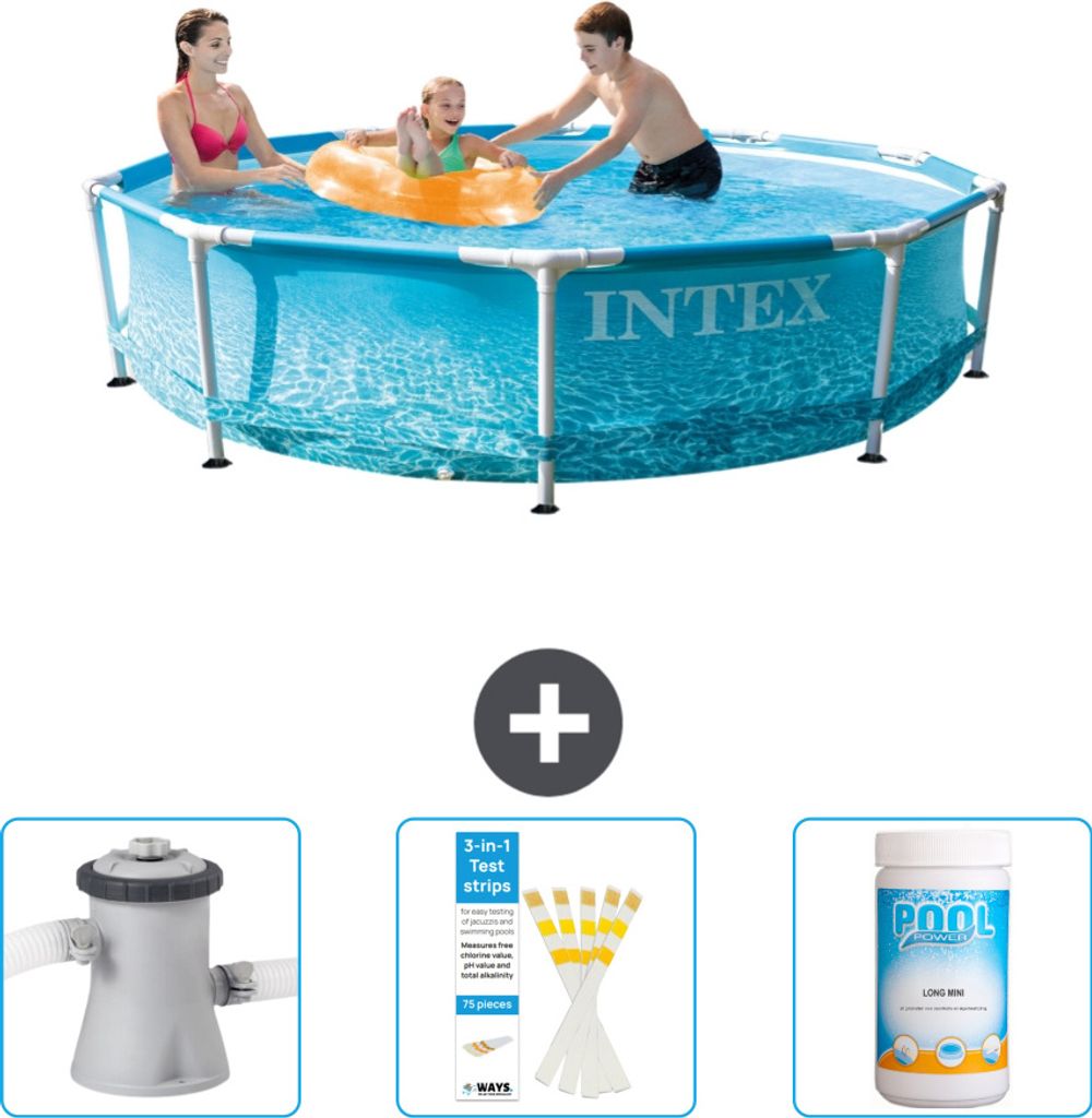 Intex-Schwimmbecken mit rundem Rahmen – 305 x 76 cm – Wasserdruck – im Lieferumfang enthalten Filterpumpe für Schwimmbad - Teststreifen - Chlor