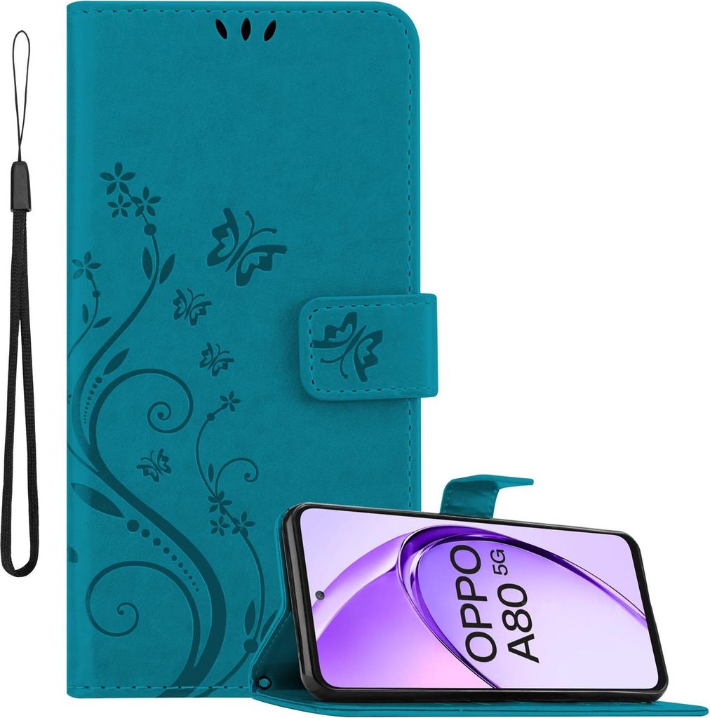 Cadorabo Hülle für Oppo A80 Hülle in FLORAL BLAU Schutzhülle im Blumen Design mit Magnetverschluss, Standfunktion und Kartenfächern Book Case ...