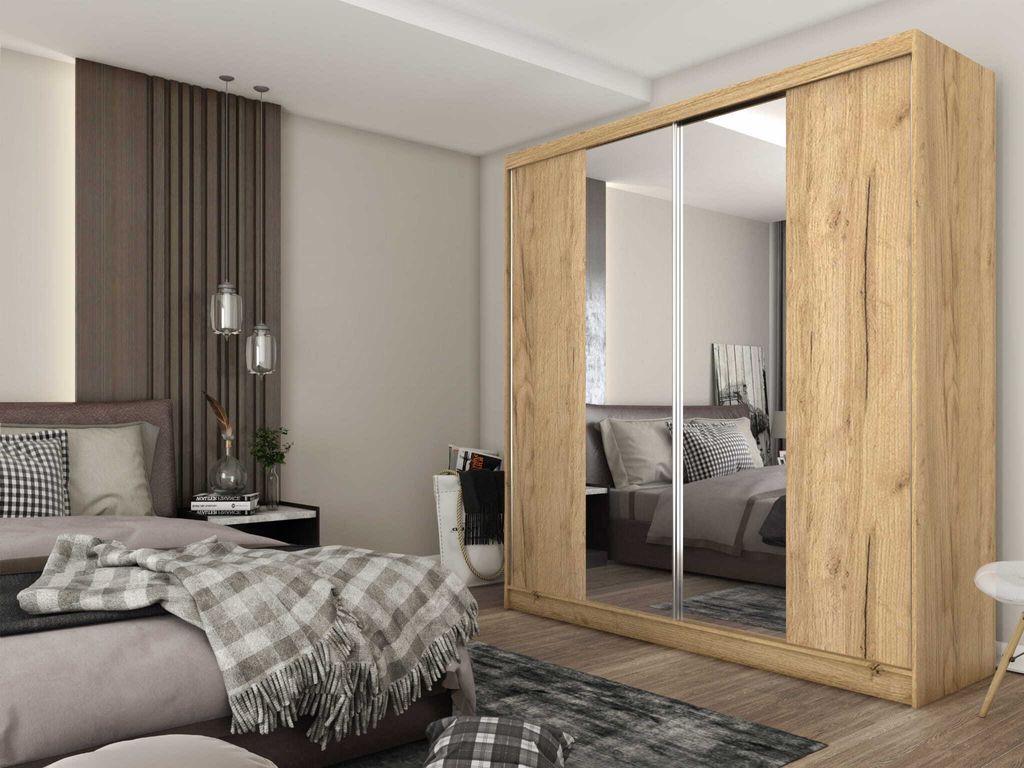 AGMAT Schwebetürenschrank Lyon, Kleiderschrank mit 2 Türen, Moderne Garderobe in Farbe: Artisan, Schrank in Größe: 200 x 216 x 61 cm
