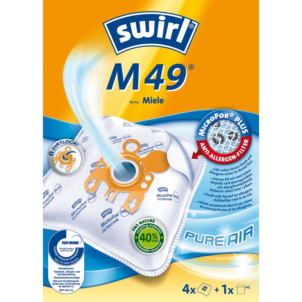 The image shows the packaging of Swirl M 49 vacuum cleaner bags.