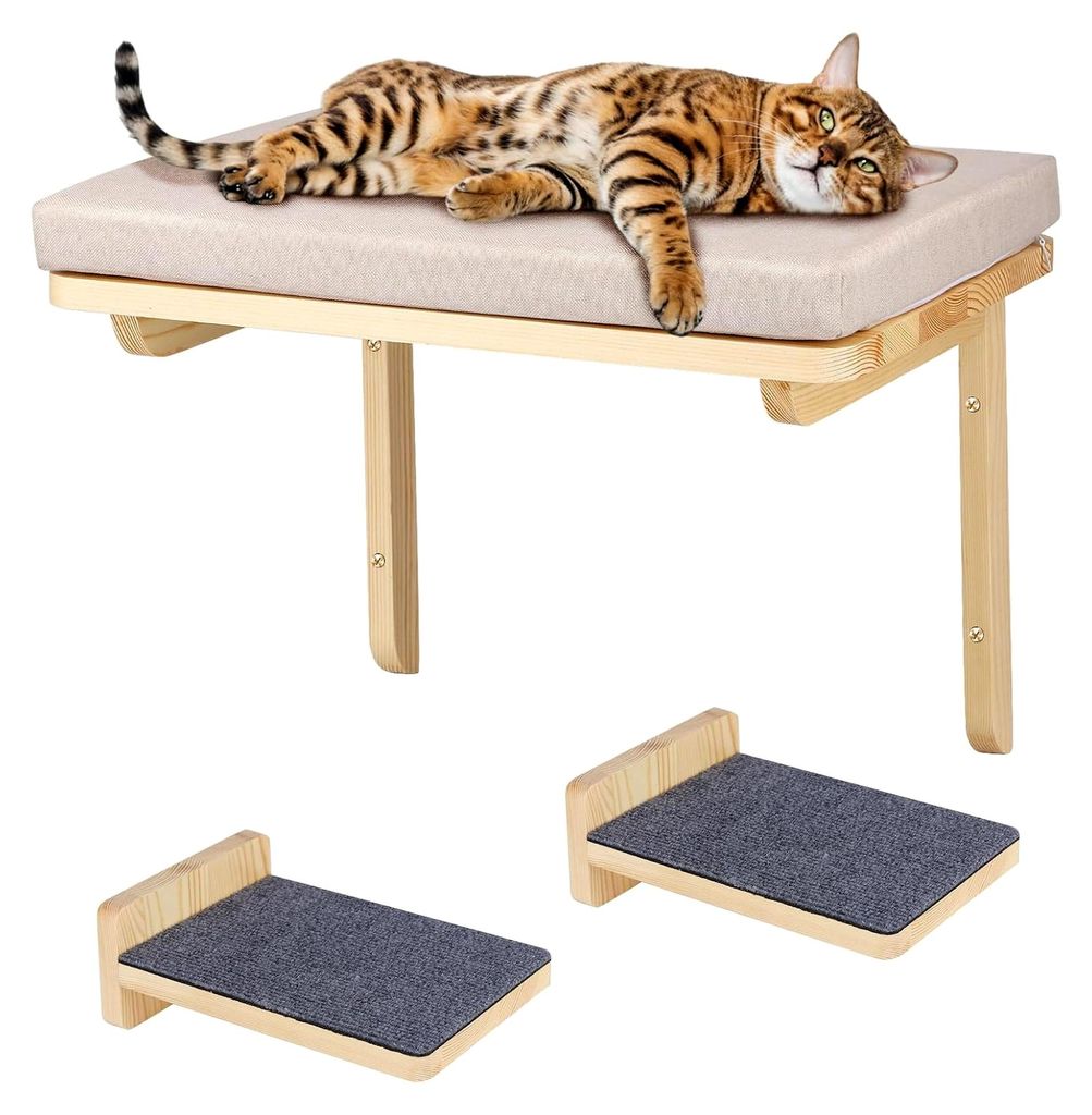 Kletterwand für Katzen inkl. 2 Katzentreppen aus Massivholz, Kratzbaum für die Wand, Katzenhängematte, Wandkratzbaum, Katzenmöbel (Holz, 40 * 3...