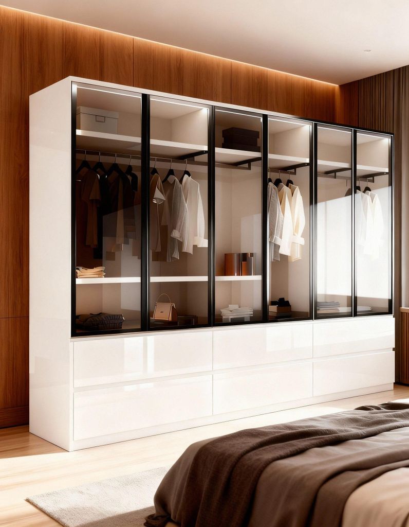 A modern, white high-gloss wardrobe with glass doors, showcasing neatly arranged clothing and accessories.