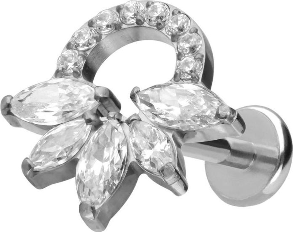 Ohrpiercing, Nasenpiercing Titan Labret mit Push Fit KRISTALLRASSEL Silber Stablänge: 6mm | Stabstärke: 1mm