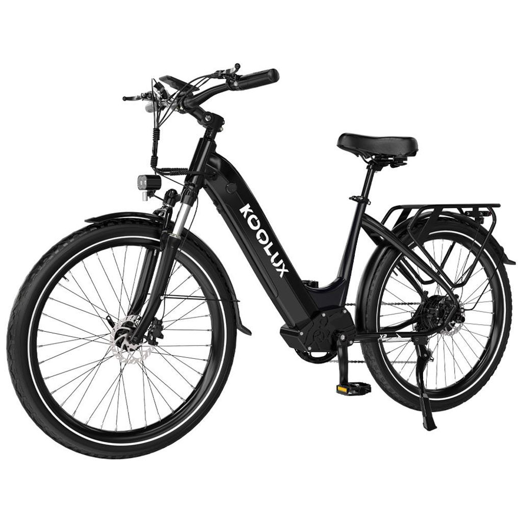 A black electric bicycle is shown against a white background.