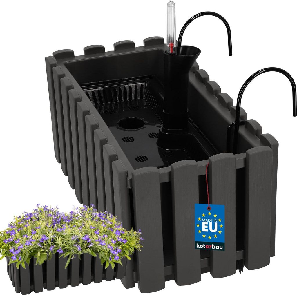 KOTARBAU Blumenkasten Balkon Blumentopf Selbstbewässernd 38x18x16cm Grau Kunststoff Blumentopf Balkongeländer Bewässerungssystem Blumenkastenh...