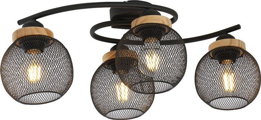 LED Deckenleuchte, 4-Flammig, Holz, Gitterschirme, schwarz, L 60 cm