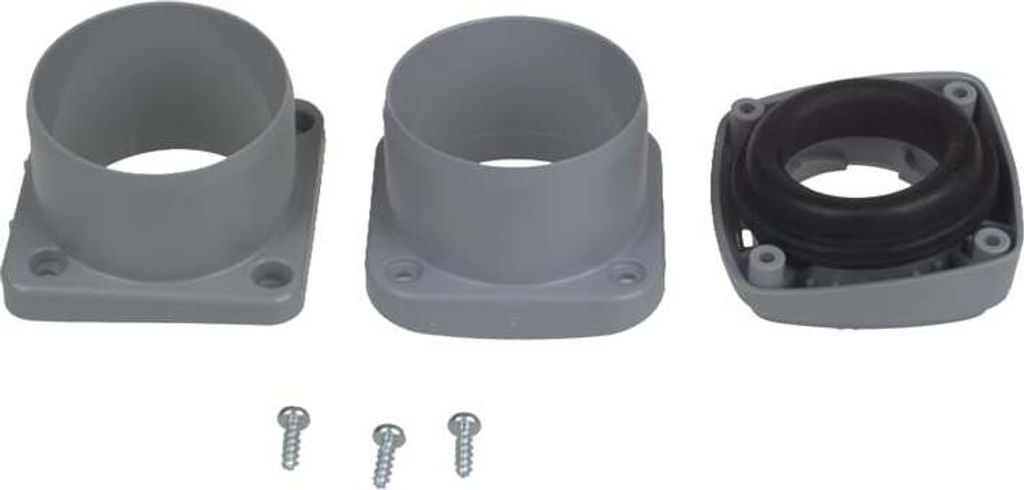 Three gray plastic plumbing or vacuum cleaner adapters and three screws on a white background.