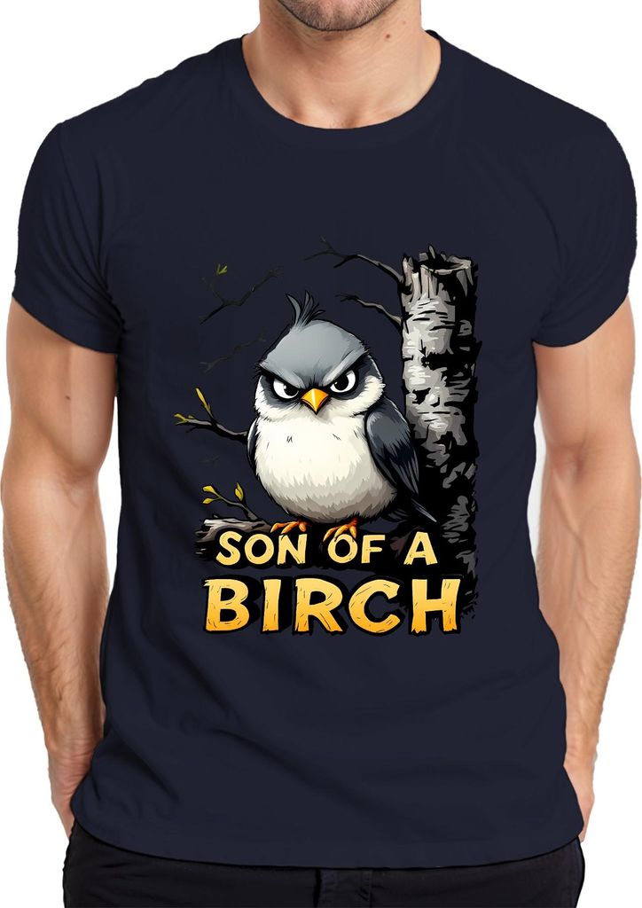 SON OF A BIRCH lustiger Vogel grimmig Birke Cartoon Geschenk Wald Herren T-Shirt, Navy, S