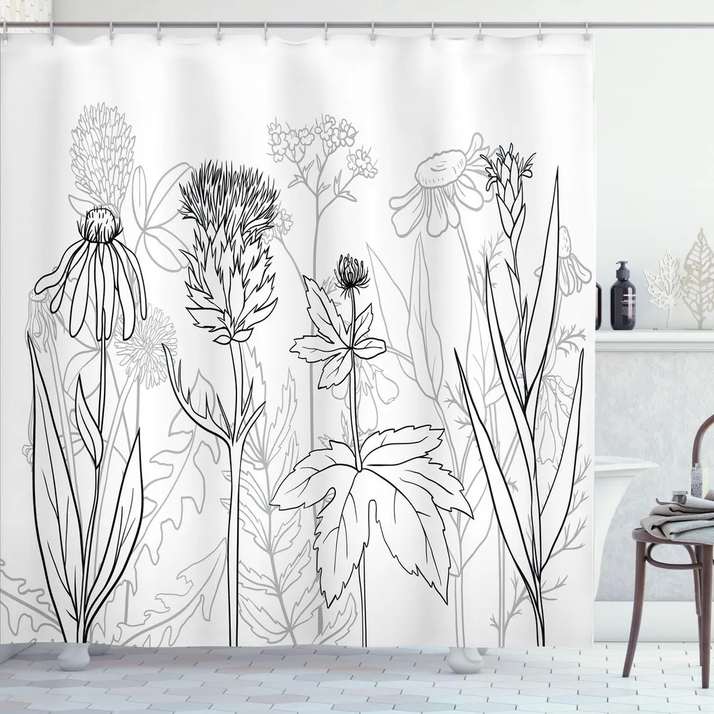 Tenda da Doccia Lusso ABAKUHAUS 175x200 Botanica Erbe Grigio Bianco
