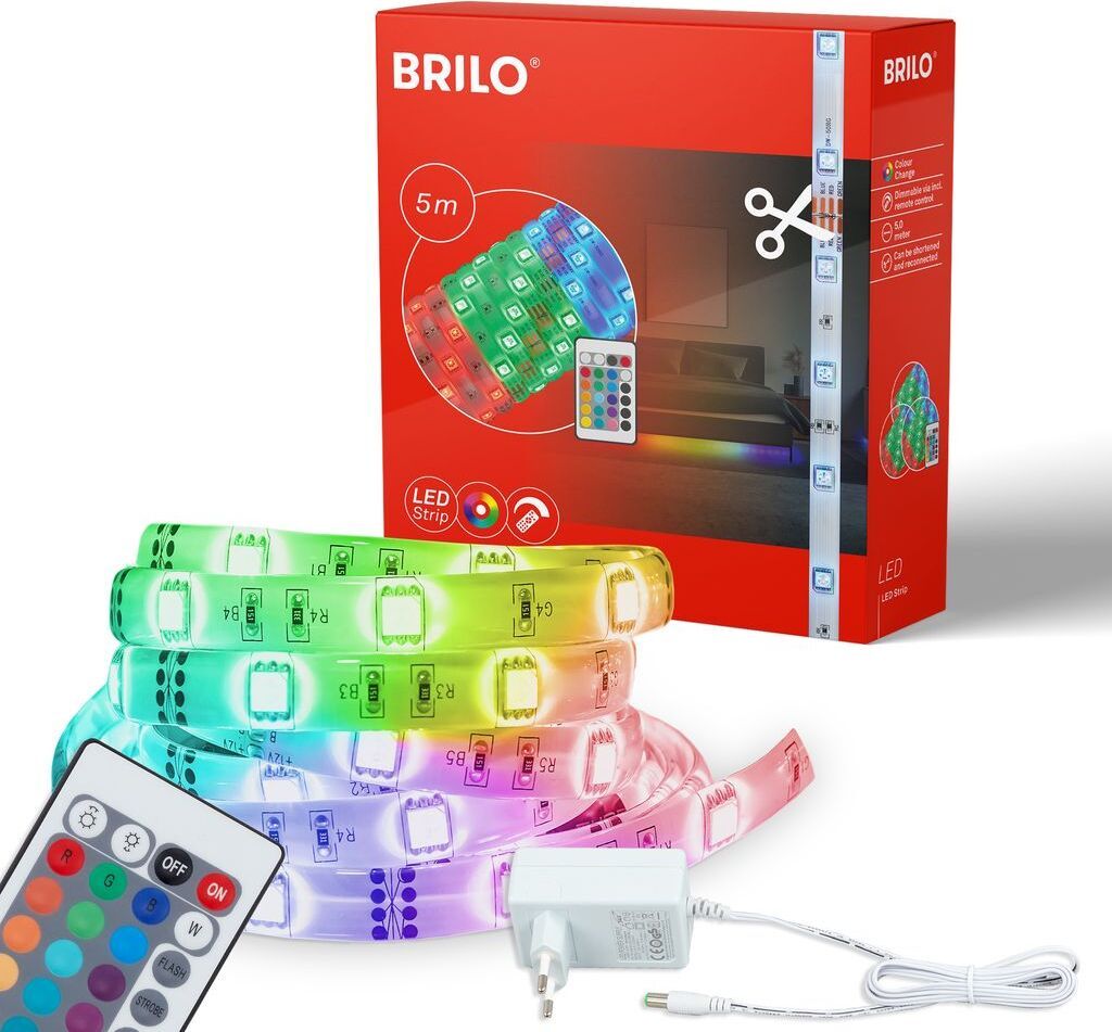 A product shot of an LED strip light kit, including the packaging, the LED strip itself, a remote control, and a power adapter, all presented on a white background.