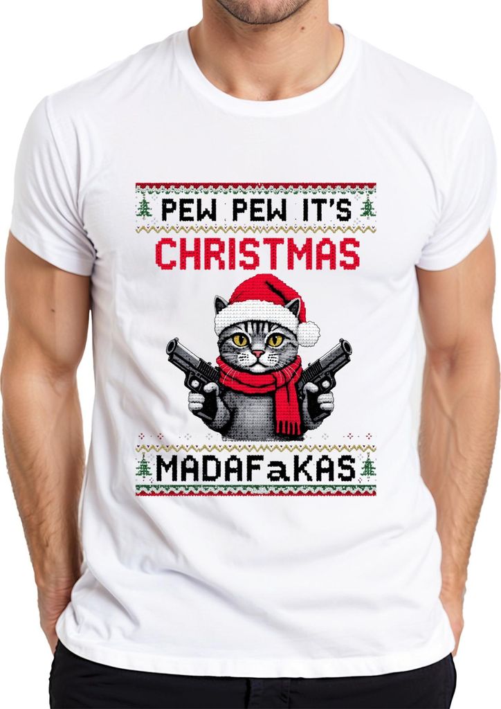 Pew Pew It's Christmas Madafakas Katze Pistolen Weihnachten Herren T-Shirt, Weiß, 3XL