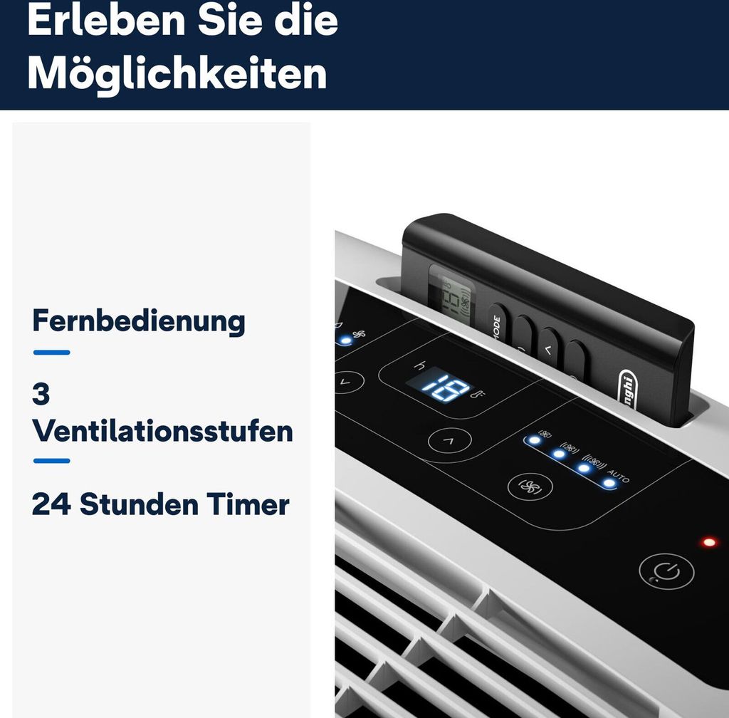 A close-up of a portable air conditioner's control panel and remote, with text listing features.