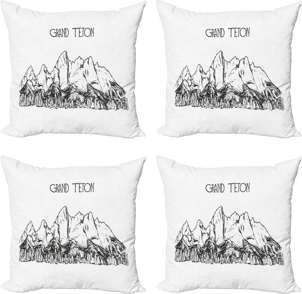ABAKUHAUS Wyoming Kissenbezug Set (4 Stück), Einfache Skizze Grand Teton, Moderner Doppelseitiger Digitaldruck, 45 cm x 45 cm, Charcoal Grau Weiß