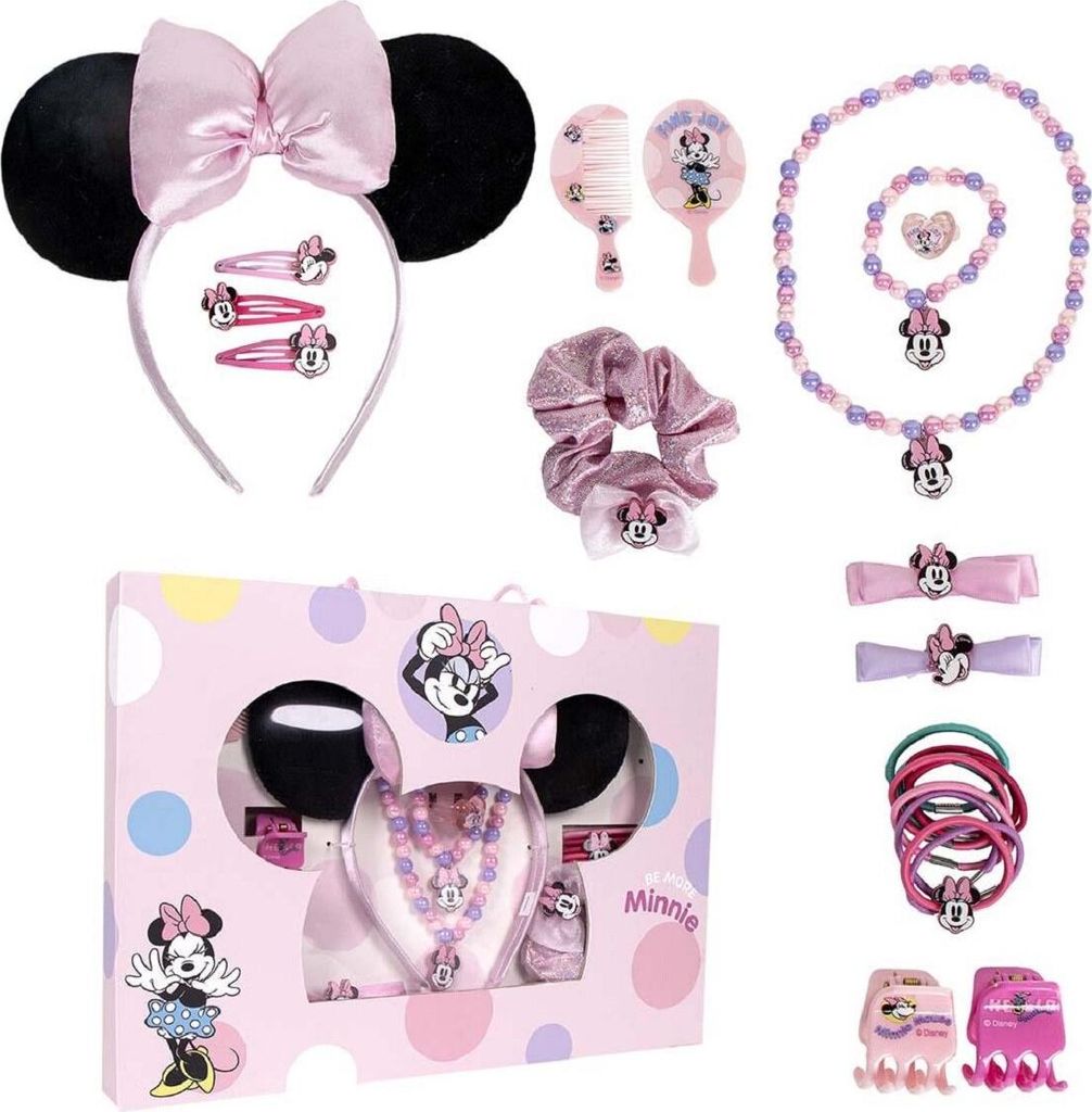 Minnie Mouse Beauty-Set, bestehend aus 1 Haargummi aus Stoff, 10 Haargummis, 2 Pinzetten, 3 Haarnadeln, 2 Bürsten, 1 Haarband, 1 Halskette, 1 Armb...