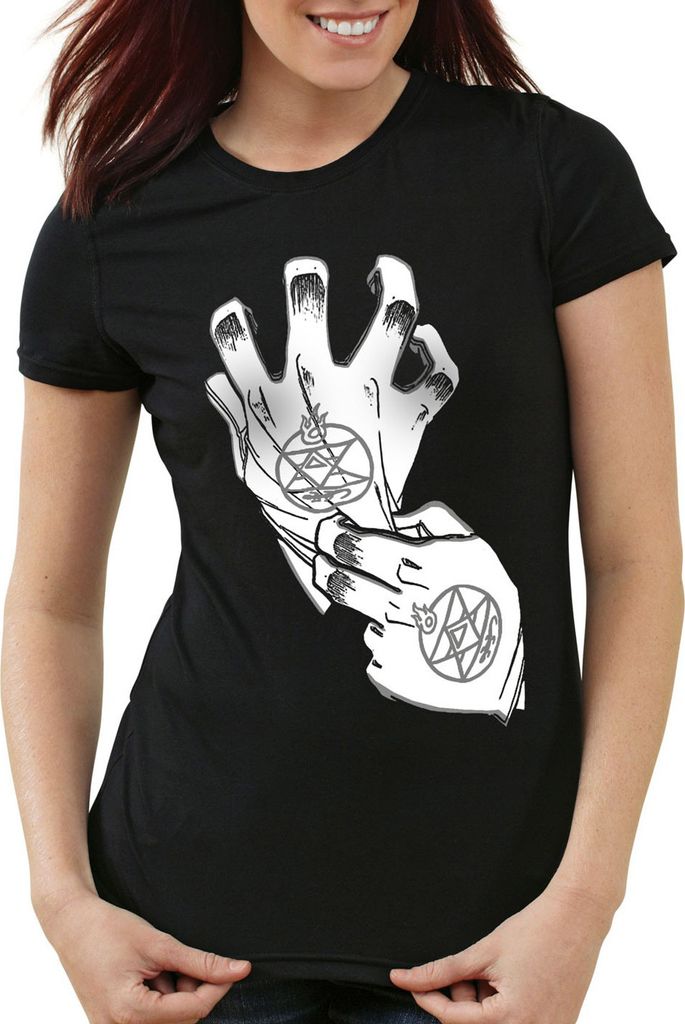 style3 Roy Mustang Alchemist Handschuh Damen T-Shirt fullmetal, Farbe:Schwarz, Größe:L