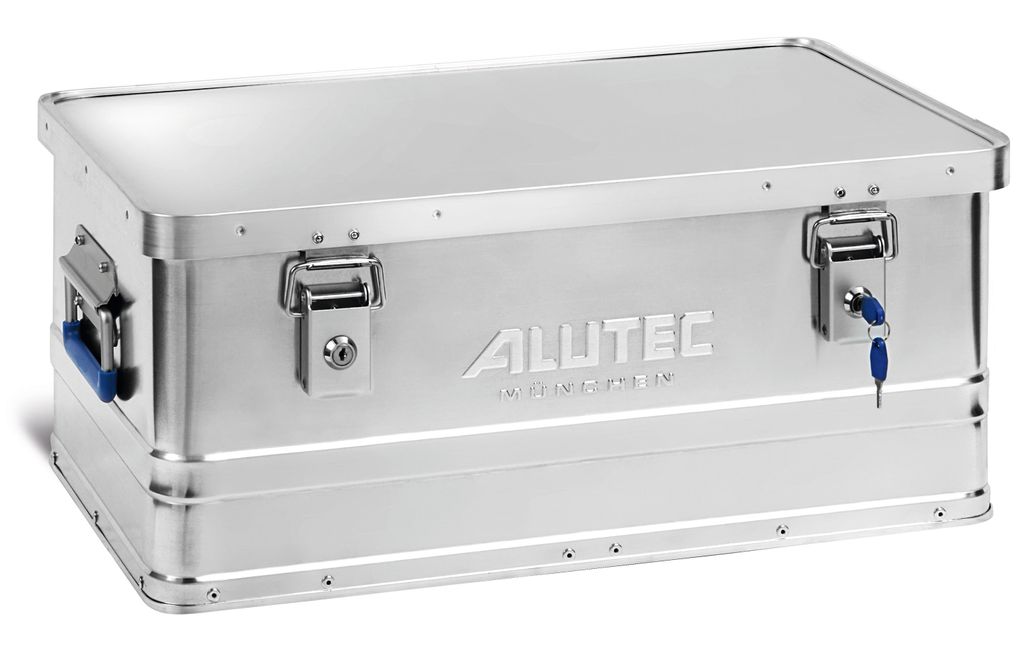 A silver aluminum storage box with blue handles and a lock.