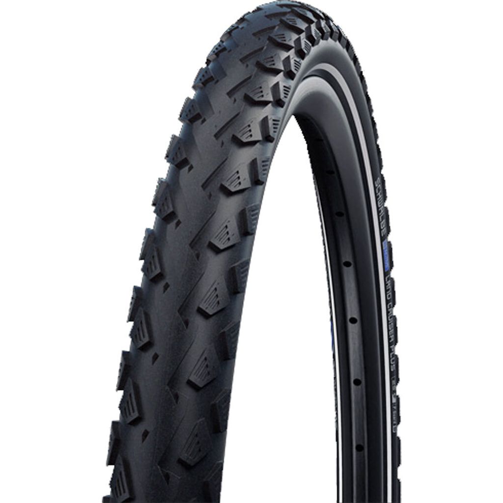 A close-up studio shot of a bicycle tire against a white background.