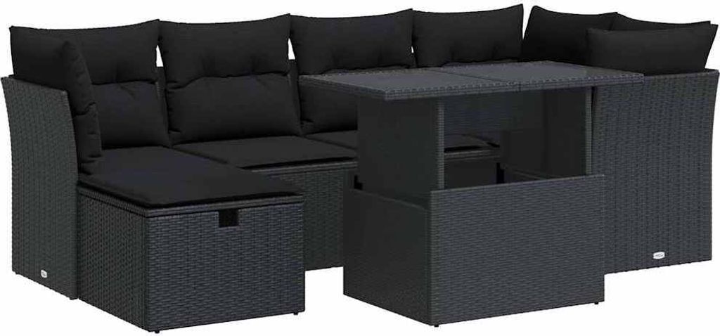 7-tlg. Garten-Sofagarnitur mit Kissen Schwarz Poly Rattan