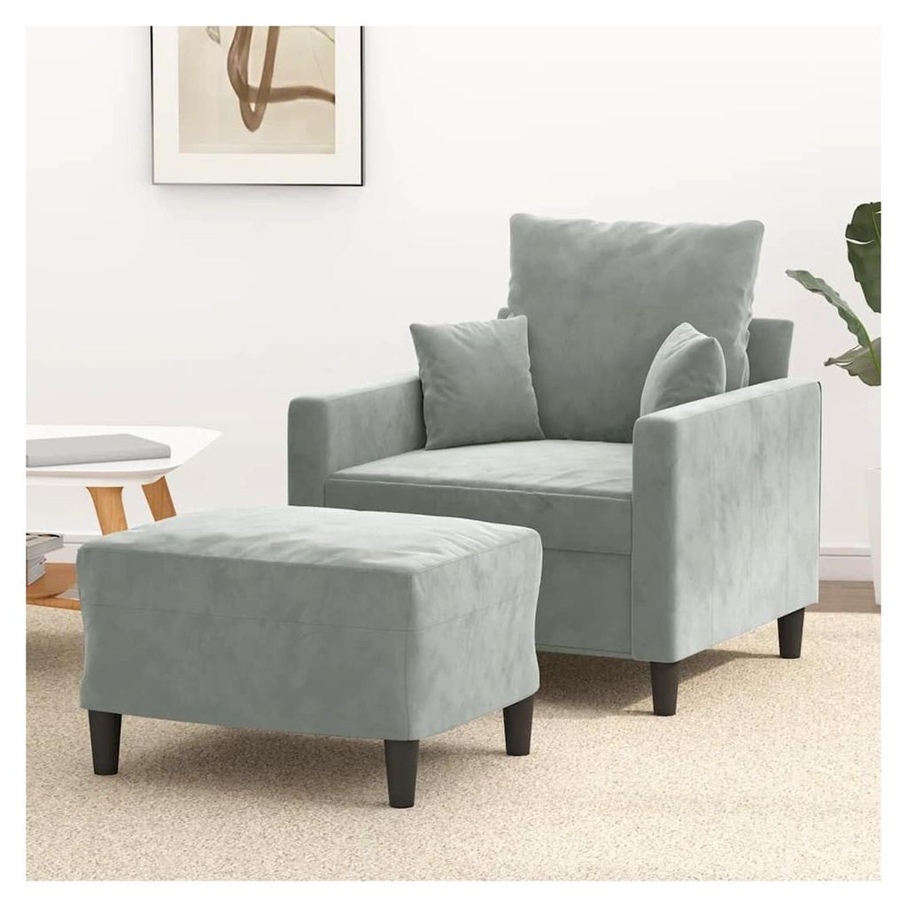 Sessel mit Hocker in Hellgrau, 60 cm, Samt, Robustes Metallgestell, Bequemes Sitzerlebnis, Vielseitiger Fußhocker für das Wohnzimmer, Max. 110 kg...
