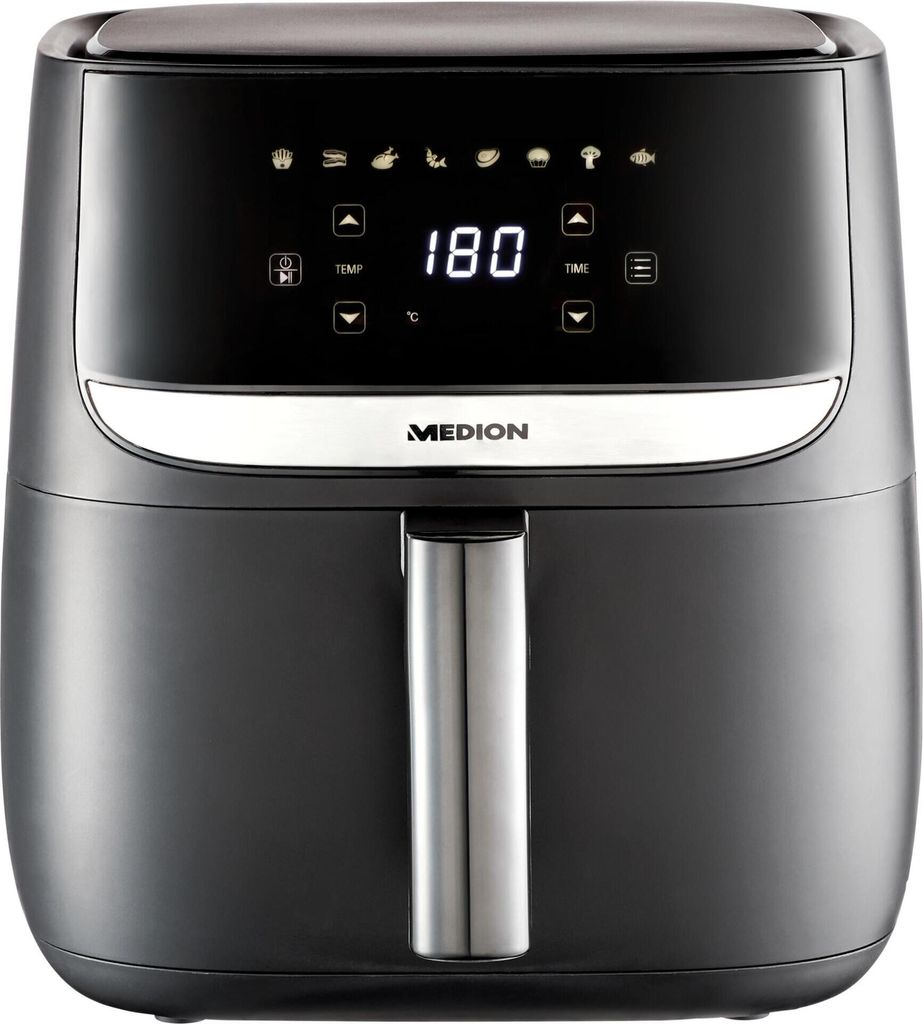 A black Medion air fryer is shown against a black background. The digital display shows '180'.