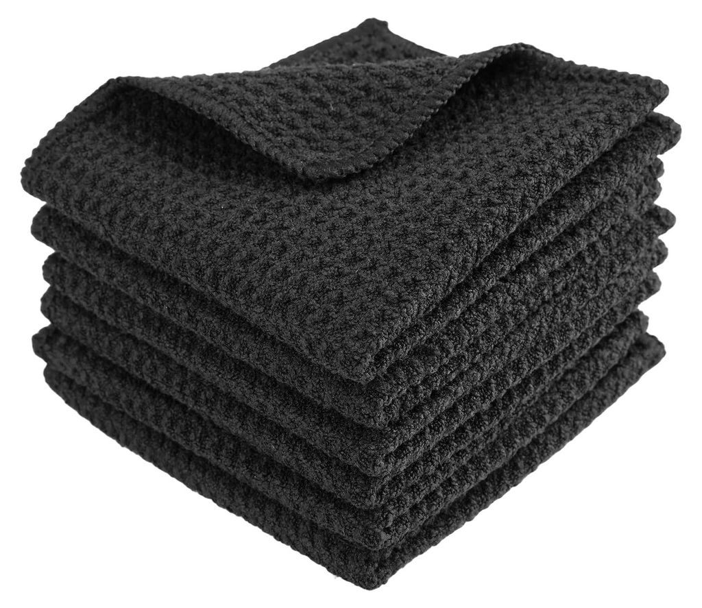 Set mit 6 schwarzen Waffelpiqué-Geschirrtüchern, 20 x 20 cm, Mikrofaser, hoch saugfähig, Baumwolle, weich, im Barista-Stil für Küche, Fenster,...