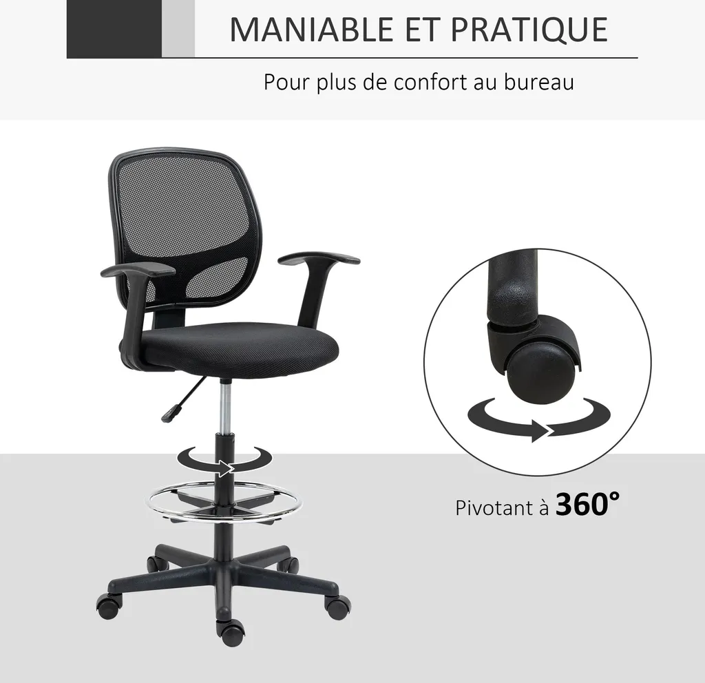 Chaise de dessin ergonomique en maille avec hauteur réglable Vinsetto