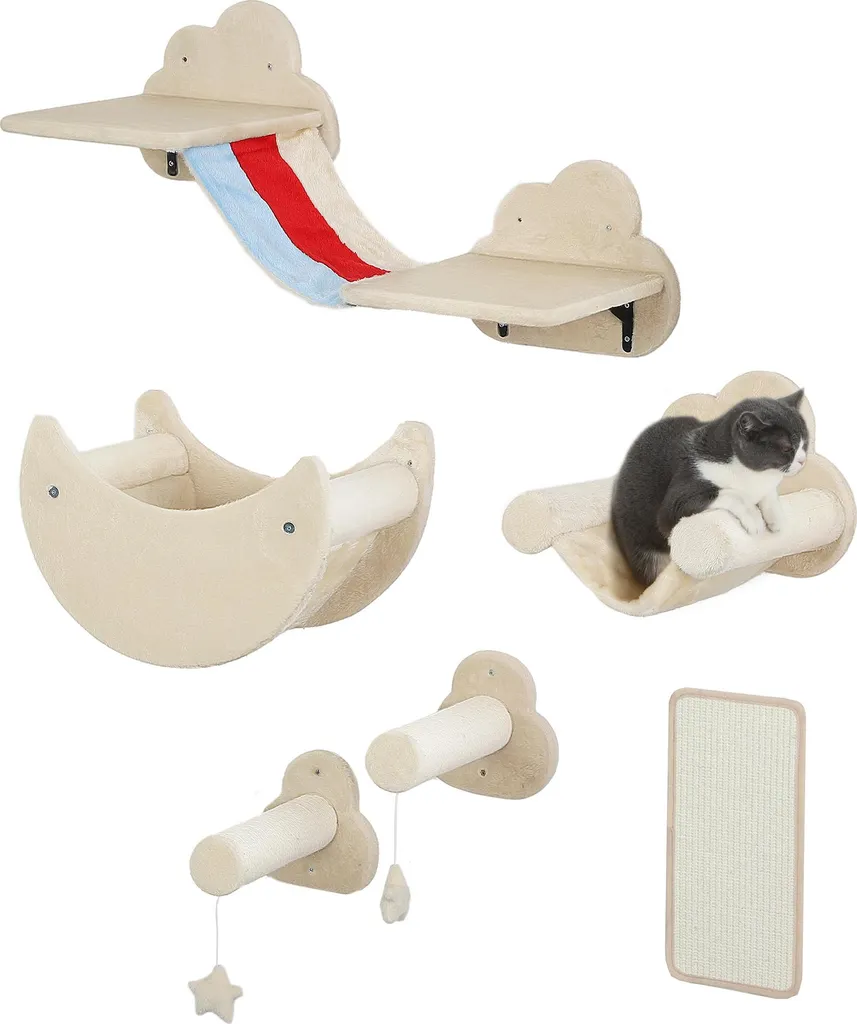 Arbre à chat mural beige 4 niveaux design avec hamac et griffoir intégré